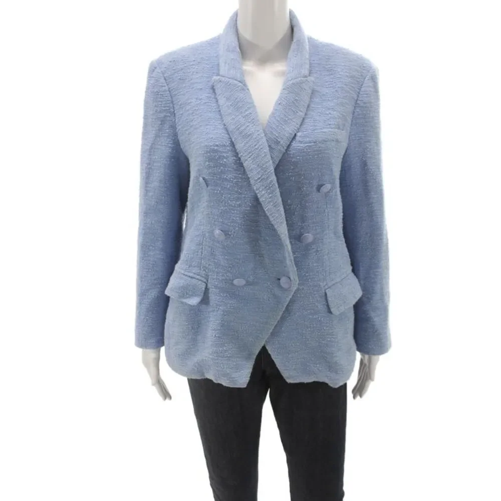 L'Agence Womens Cotton Blend Tweed Button Blazer Blue Size 12